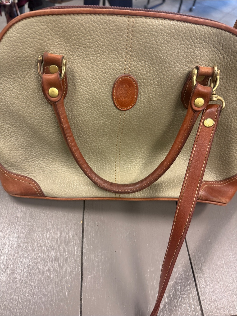 Liz Claiborne Cream Pebbled Leather Shoulder Bag with Brown Trim and Strap